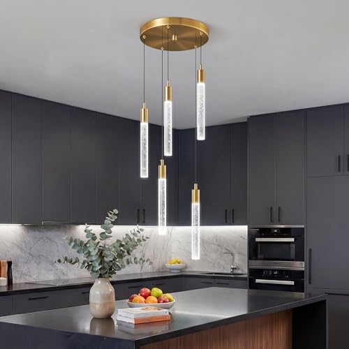 Image of Modern Light Fixture Kitchen Island Pendant Light Dimmable LED Gold Pendant Lights Mini Crystal Pendant Lighting for Bedroom Dining Room Living Room（5-Light ）