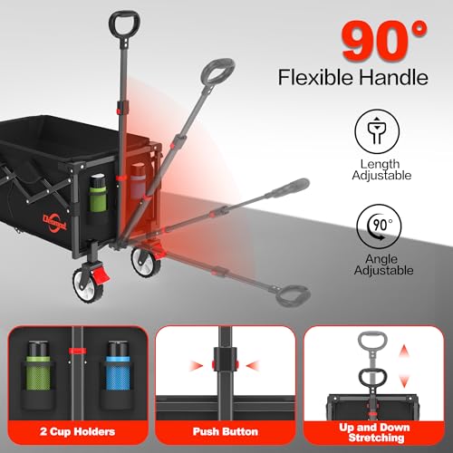 Deomod Collapsible Foldable Wagon, Wagon Cart Heavy Duty Foldable with Two Drink Holders and All Terrain Wheels with Brake, Utility Grocery Wagon Carts for Camping Shopping Sports and Fishing