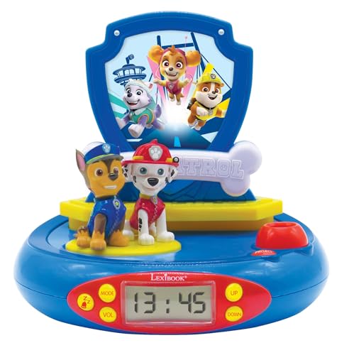 Lexibook Paw Patrol La Pat'Patrouille Chase Radio réveil projecteur, Veilleuse intégrée, Projection de l'heure au Plafond, Effets sonores, à Piles, Bleu/Rouge,...