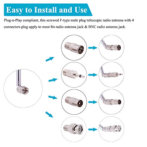 Fancasee Fm Antenna Telescopic 75 Ohm Screw F Male Plug Antenna With Pal Bnc 3.5Mm Jack Connector Adapter Fm Radio Antenna For Av Stereo Receiver Home Theater Amplifier System Indoor Outdoor #TOP1