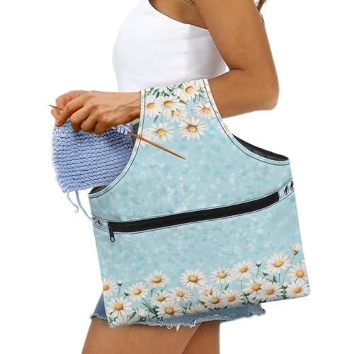 Image of KUIFORTI Daisy Knitting Yarn Bag Floral Crochet Storage Bags with Zipper Pocket Knitting Hook Storage for Travel Park, L Size