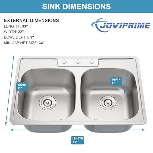 Joviprime MM33228D-5050 33 Inch Double Bowl Drop In 50/50 Kitchen Sink Top Mounted 18 Gauge 304 Stainless Steel Sink thumb #5