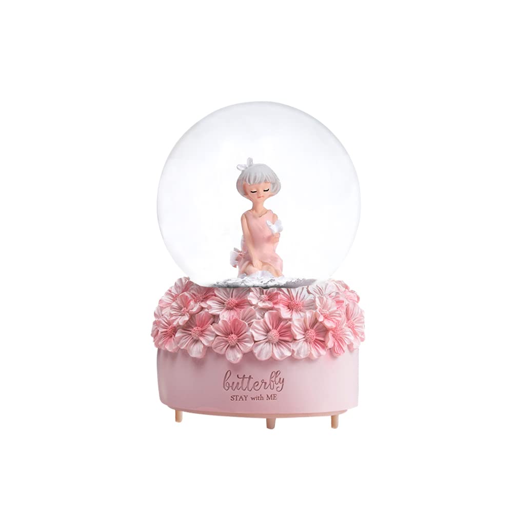 Girl Figurine Snow Globe for Women Girls, 80mm Resin Glitter Water Globe Music Box with Color Changing LED Lights and Flower Base, Home Decor (Pink)