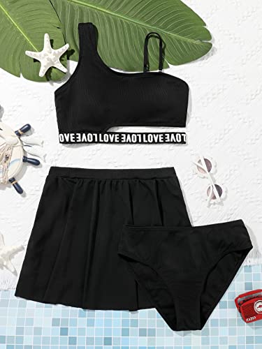 Image of Milumia Girl's 3 Piece Swimsuits Letter Print Asymmetrical Neck Cut Out Bikini Set with Beach Skirt Black 8-9 Years