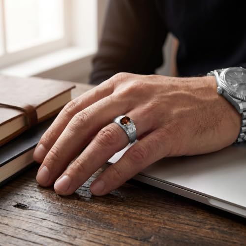 Image of Rylos Men's Rings Classic Design 8X6MM Oval Gemstone & Sparkling Diamond Ring - Color Stone Birthstone Rings for Men, Sterling Silver Rings in Sizes 8-13. Elevate Your Style with Timeless Elegance!