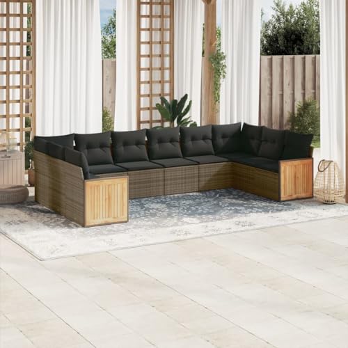 Rantry Set Divano da Giardino 10 pz con Cuscini Grigio in Polyrattan, Set Divano Sofà Soggiorno Divanoletto Giardino, Divano Esterno Arredamento， Set Divano Moderno Divani per Esterno, qyy