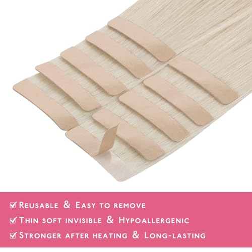 Image of WENNALIFE Tape in Hair Extensions Human Hair Platinum Blonde Tape in Extensions, 10pcs 30g 20 inch Remy Invisible Tape Ins Straight Soft Real Human Hair Tape in Extensions Refill Set Extensions