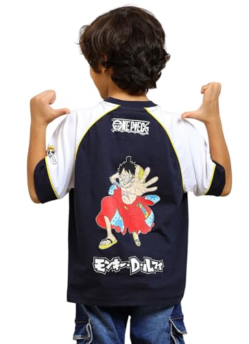 Kidsville Official One Piece Anime Printed Pure Cotton White & Blue Oversized Tshirt for Boys, Sky Captain Navy/White, 11-12 Years