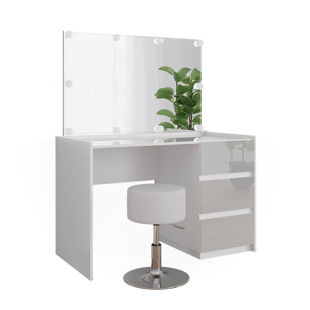Vicco Schminktisch Marla, Weiß Hochglanz, 120 cm | mit Spiegel, Hocker, LED-Lichterkette, Große Tischfläche für Make-up, Schmuck und Styling-Utensilien