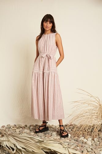 Image of Women's Sleeveless Crew Neck A-line Maxi Dress with Waist Tie | Summer Casual Dresses for Women