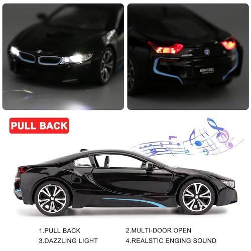 Image of Invite Enterprise 1:24 Diecast Model Alloy Bmw I8 Metal Pull Back Car With Sound & Light, 4 Openable Doors, Toy Vehicles For Kids Gift[Black]