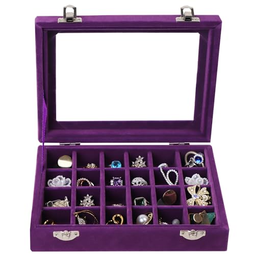 EONGOA 24 Grid Velvet Jewelry Tray for Drawers Detachable Jewelry Showcase Box Glass Clear Lid Showcase Display Storage Ring Trays Holder Earrings Organizer Case (Purple)