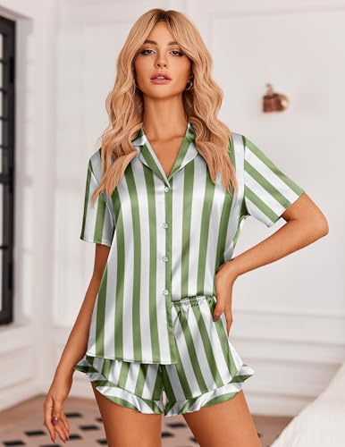 Image of Ekouaer Womens Satin Pajamas Set Button Down 2 Piece Silk Pjs Shorts Set Ruffle Lingerie Notch Collar Sleepwear