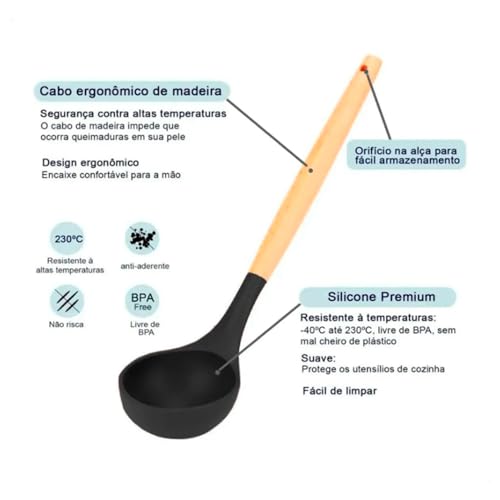 Kit 12 Utensílios de Cozinha em Silicone Antiaderente e Cabo de Madeira Resistentes ao Calor Premium