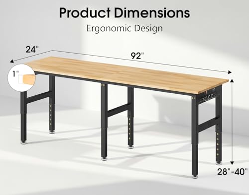 Image of 92 inch Adjustable Work Bench, 5000 LBS Capacity Heavy Duty Workbench with Power Outlet & Pegboard, Rubber Wood Work Table for Garage, Workshop, Office, Home