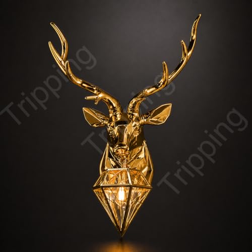 Image of TRIPPING Luxury Golden Deer Head Wall Lamp with Diamond Hanging Light: Premium Metal Decorative Wall Fixture, Warm Ambient Lighting, Statement Wall Mounted Lighting for Living Room Bedroom