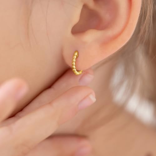 925 Sterling Silver Gold Flashed Beaded Hoop Earrings For Little Girls and Preteens 11mm - Adorable Beaded Front Hoop Earrings For Children - Girls Lightweight Hoops3