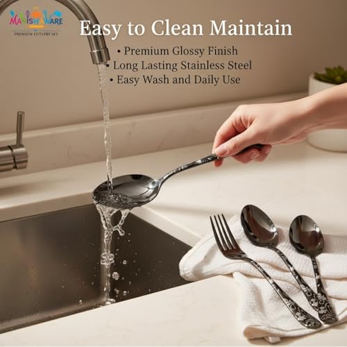 Image of Classic Black 20 Pcs Stainless Steel Cutlery Set for Dining Table, Dishwasher Safe Glossy Flatware (Perfect Spoon Fork Set)