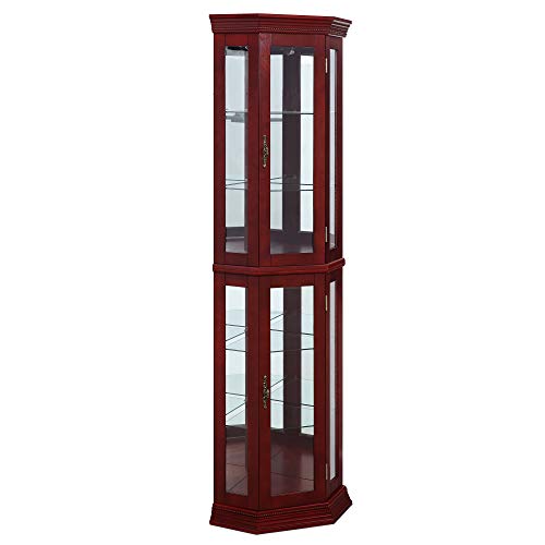 Image of BELLEZE Lighted Wooden Corner Display Curio Cabinet, Two Section Shelving Unit with Tempered Glass Door, Bar and Liquor Storage Area with 6 Shelves - Lorona (Cherry)