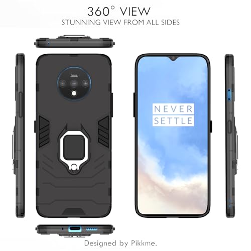 Image of Pikkme D5 Tough Armor Bumper Back Cover Case for Oneplus 7T |Ring Holder & Kickstand in-Built (Black)