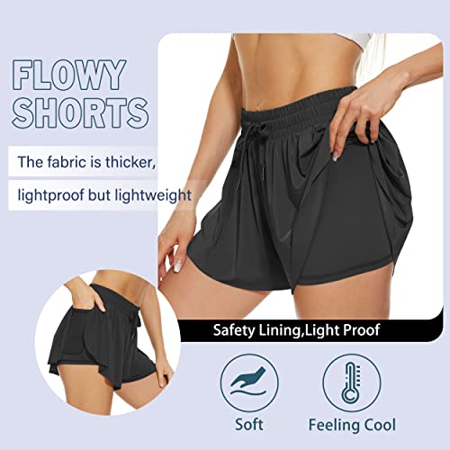 Moarol Womens Flowy Running Shorts - Soft Cute Stretch 2 In 1 Butterfly Athletic Workout Gym Tennis Lounge Skirts With Pocket Black #TOP4