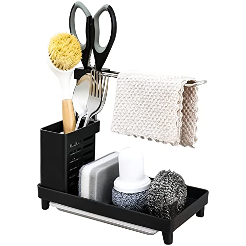 Duschablage Ohne Bohren Spülbecken Organizer Küchen Organizer Badezimmer Organizer Spüllappenhalter Schwammhalte mit Abtropfschale für Bürste Spüllappen Sink Organizer Küche Badezimmer (Schwarz A)