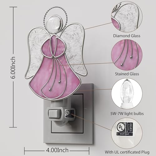 Image of Stained Glass Pink Guardian Angel Night Lights Plug into Wall | Plug in Night Light In Wall Socket Decorative Nightlight for Bedroom Hallway,Mothers Day Gifts for Mom Birthday Christmas