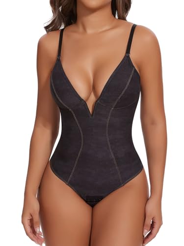 Image of SHAPERIN Bodysuit for Women Shapewear Tummy Control Deep V Neck Plunge Sleeveless Backless Thong Body Suit Tank Top