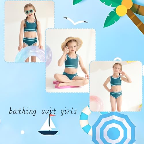 Image of Girls Bathing Suit Toddler Swimsuits 2 Piece Bikini Sets Round Neck Colorful Lace Teen Girls Swimwear 3-14T