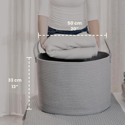 Image of OrganiHaus Round Toy Basket & Blanket Basket, Cotton Rope 20x13 inch | Full Gray - Round Cotton Rope Basket, 20x13 inch