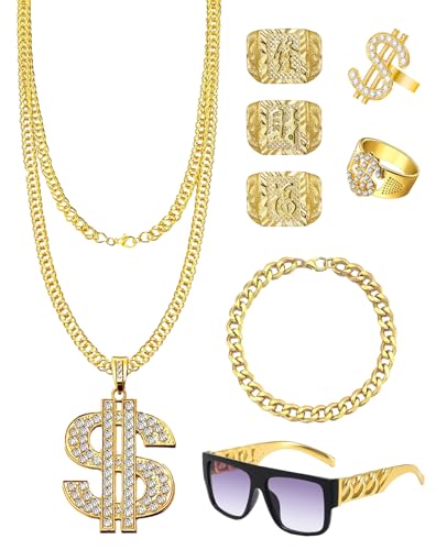 XdealCozyxc 8 PCS 80s 90s Rapper Fake Gold Chain Set, Hip Hop Jewelry for Men Women Party Costume Cosplay Decorations