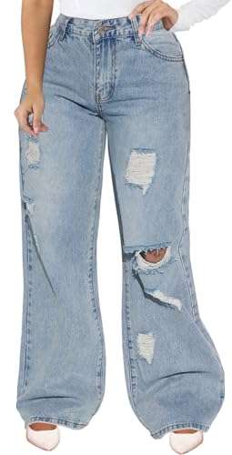 CuteCherry Bell Bottom Jeans High Waist Ripped Bell Bottom Flared Light Blue Jean