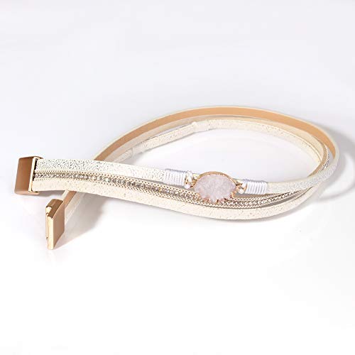 Fancy Shiny Leather Wrap Bracelet Boho Cuff Bracelets Crystal Bead Bracelet With Clasp Jewelry Gifts For Women Teen Girls(14.7", White) #TOP3