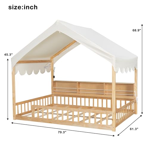 Image of Full Size Wooden Floor Bed for Kids,House-Shaped Daybed with Fense,3 Storage Bookshelves,Curtain and LED Light (Natural+Beige6)