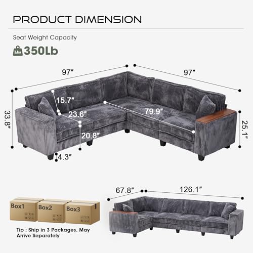 Image of 97 Inches Corduroy Couch with 2 Pillows Deep Seat Sectional Sofa Armrests with Two Hidden Storage Space Corner Couch Oversized L Shaped Cloud Couches for Living Room Grey