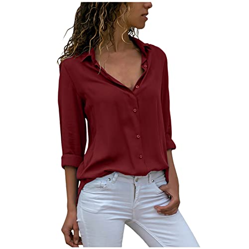 Camicia da donna con scollo a V, elegante, tinta unita, slim fit, business, chiffon, a maniche lunghe, con colletto a risvolto, con bottoni, a tunica, leggera, a maniche lunghe, taglie grandi, Vino, L Camicia da donna con scollo a V, elegante, tinta unita, slim fit, business, chiffon, a maniche lunghe, con colletto a risvolto, con bottoni, a tunica, leggera, a maniche lunghe, taglie grandi, Vino, L
