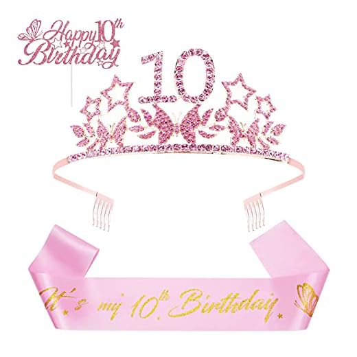 olyee Couronne Anniversaire 10 Ans avec Écharpe Satin Happy Birthday et Cake Topper Anniversaire Glitter Rose Or Décoration de Gâteau à Papillon, Étoile pour Fête Anniversaire de Fille