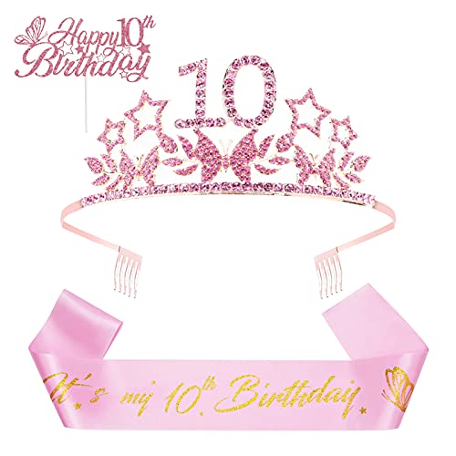 olyee Couronne Anniversaire 10 Ans avec Écharpe Satin Happy Birthday et Cake Topper Anniversaire Glitter Rose Or Décoration de Gâteau à Papillon, Étoile pour Fête Anniversaire de Fille