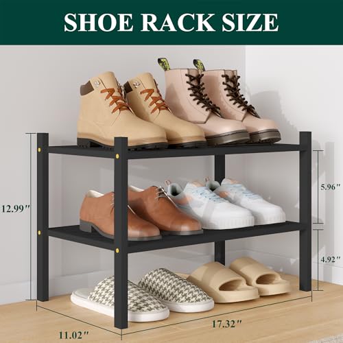 Image of Smiry Bamboo Shoe Rack, 5 Horizontal Slats, 2 Tier - 17.3 inch Wide, Black