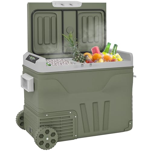 Outsunny Nevera Portátil Eléctrica 45L Refrigerador de Coche -20℃ a +20 ℃ 12V/24V Mini Frigorífico con Ruedas Compresor Pantalla LED Táctil para Hogar Camping Viajes Automóvil 64,5x43,5x53 cm Verde