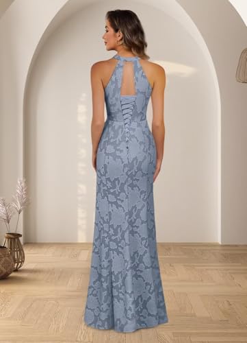 Halter Floral Mother of Bride Dress for Women Sleeveless Mermaid Long Ball Gown Lace NA1282