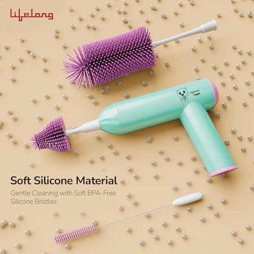 Image of Lifelong Cuppy Electric Bottle Cleaner Brush | Soft Silicone Bristles | Rechargeable, Baby Feeding Bottle Nipple Brush | Ideal for All Bottles, Straws, Corners | Easy to Clean | Removes Oil, Pink