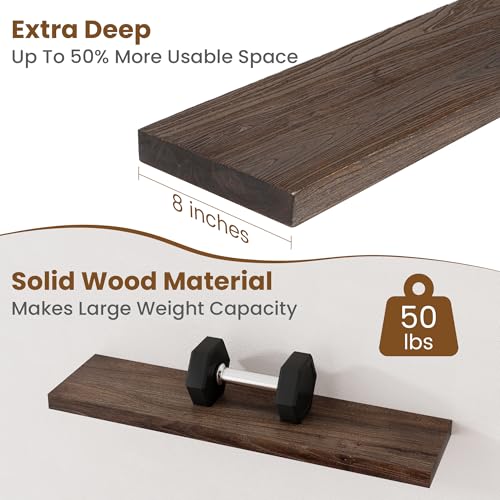 Image of Floating Shelves for Wall Decor, 8 Inch Deep Rustic Solid Elm Wood Floating Shelves Wall Mounted, Wall Shelves with Invisible Bracket for Living Room Bathroom Bedroom Kitchen, 32 Inch Set of 2, Walnut