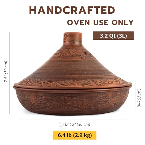 Handmade Red Clay Stoneware Tajine. Engobe Décor, Tajine with Ceramic Cone-Shaped Closed Lid, Tagines Pots With Pre Seasoned Cast Iron Diffuser, Caribbean One-Pot Tajine Cooking, Cookware Gift (Red 3.2-qt)