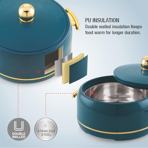 Image of Modware Atlantis Casserole 1500ml Elegant Design Premium Hot Pot, Retains Temperature for Hours, Insulated Inner Steel Casserole for Roti, Hot Box for Home, Chapati Box, Serving Bowl with Lid (Teal)