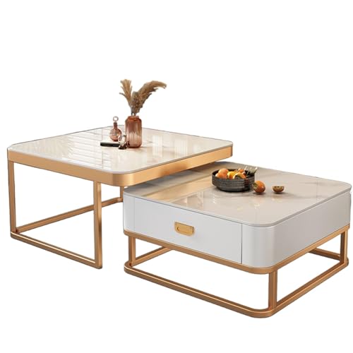 Exquisito juego de mesa de centro estilo granja moderno con almacenamiento, mesa auxiliar pequeña y cajón. Diseño de vidrio templado. Estructura metálica. Elegantes muebles para sala de estar (Blanco