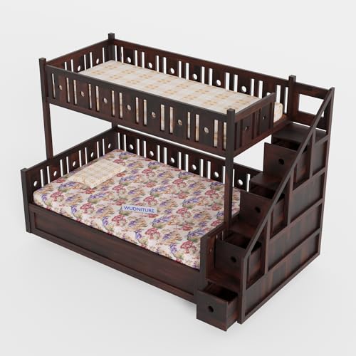 Image of Wudniture Solid Sheesham Wood Bunk Bed for Kids and Adults with Storage (Walnut with Storage)