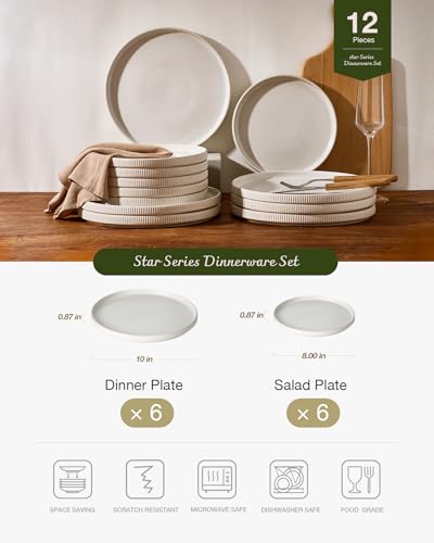Image of Famiware Star 12-Piece Stoneware Flat Plate Set for 6-10.5 inch Dinner Plates & 8 inch Salad Plates, High Edge Dishes Dinnerware Sets, Chip & Scratch Resistant, Microwave & Dishwasher Safe, Matte White