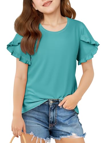 Girls Cute Ruffle Sleeve T-Shirt, Loose Fit Crewneck Summer Top for Kids 5-14 Years
