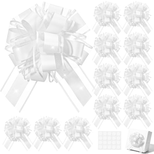 12 PCS 6'' Shimmering White Gift Bows Large Bows for Gift Wrapping Ribbon, Big Pull Bows for Present Christmas Wedding Baskets Valentine Flower Holiday Decoration